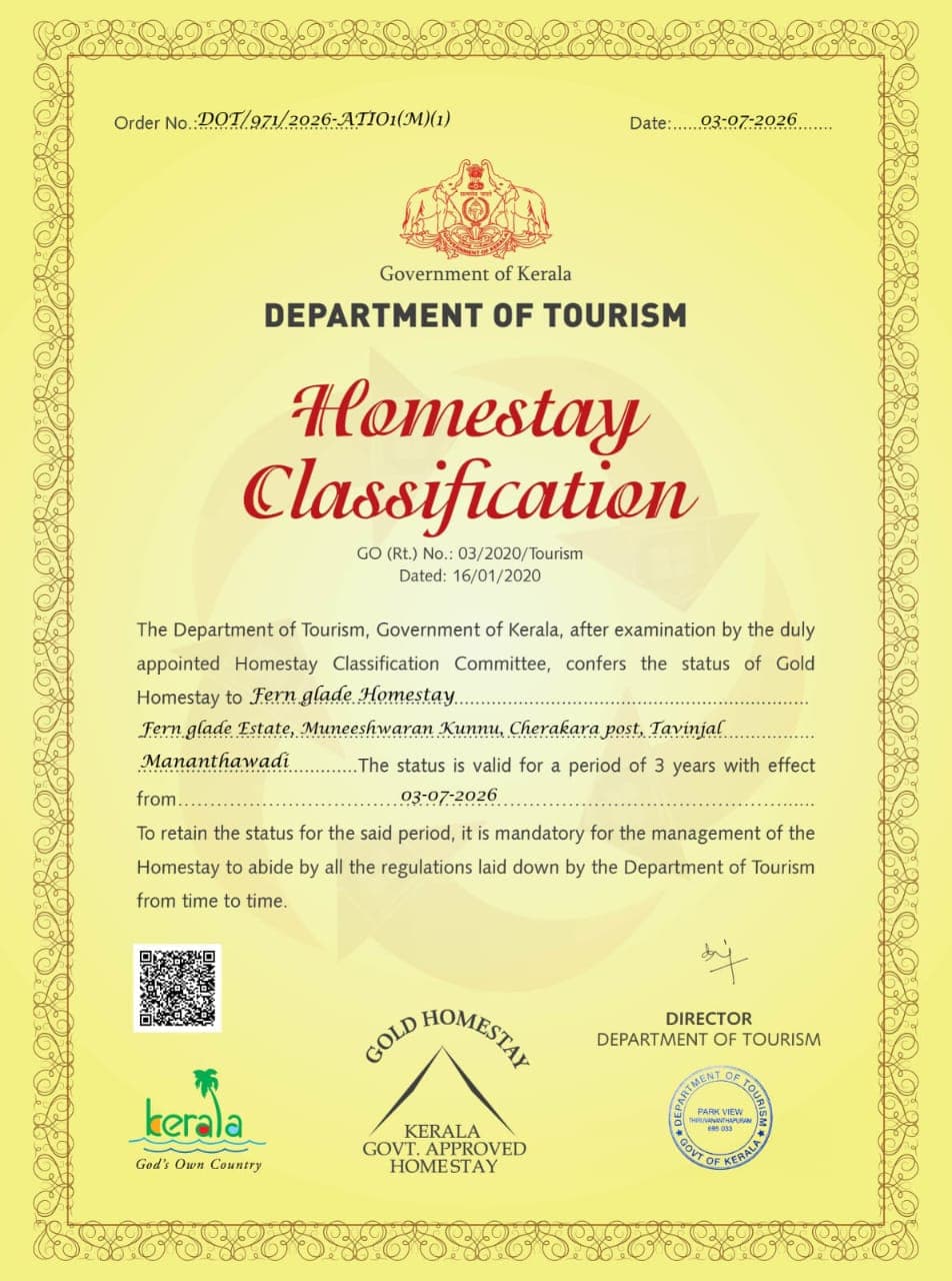 Kerala Department of Tourism Gold Homestay classification certificate awarded to Fern Glade Homestay